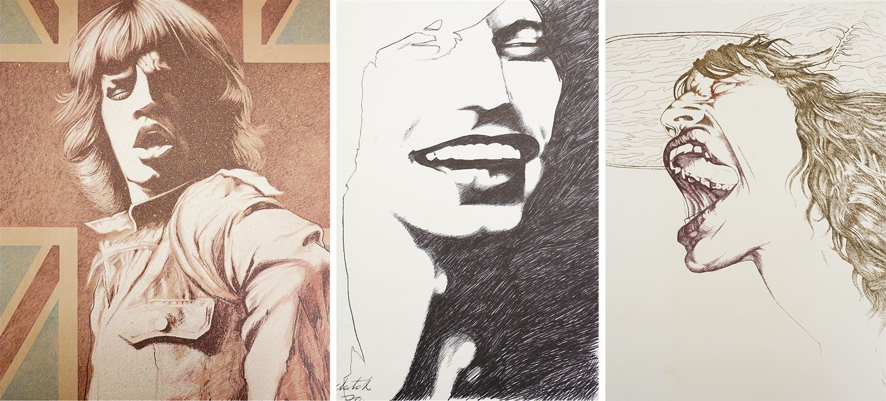 David Oxtoby (Yorkshire Pop Artist 1938-): Mick Jagger (Rolling Stones) - 'Golden Years' 'Jaggin' and 'Jagger Sketch', lithograph and etching in colours and pen and ink sketch signed titled and dated 1978 & '74 in pencil and pen, numbered 2/30 AP & 6/10 artists proof, respectively, max 68cm x 56cm (3) (unframed)