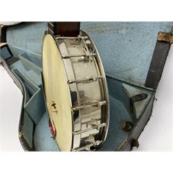 Five-string banjo by Clifford Essex Co. 15A Grafton Street, Bond Street, London W, with mother-of-pearl inlaid ebony fingerboard L92cm; in carrying case with strap