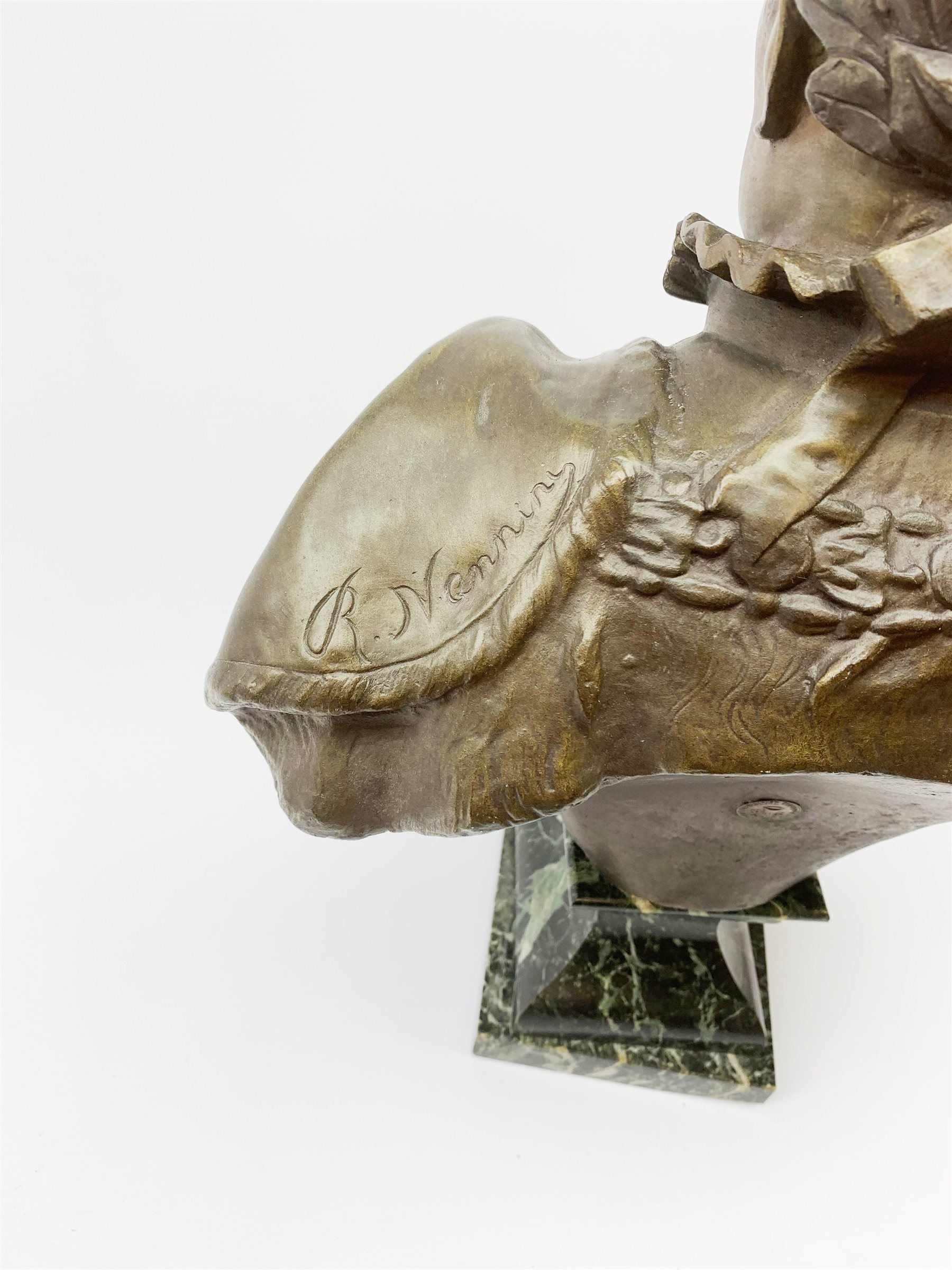 After R. Nannini, large bronzed spelter head and shoulder bust of Napoleon wearing a laurel wreath, on variegated green marble base with gilt metal 'N' and eagle, bears signature and Paris France fabrication medallion H54cm