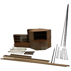 Collection of mid-20th century wall units - 'Avalon' corner wall system (the largest - W101cm, H41cm, D81cm); four white finish metal rod supports (H70cm); teak wall unit with sliding glass doors (W80cm, H51cm, D20cm); teak wall unit with smoked hinged glass doors (W80cm, H58cm, D20cm); various shelves and wall mounts etc.