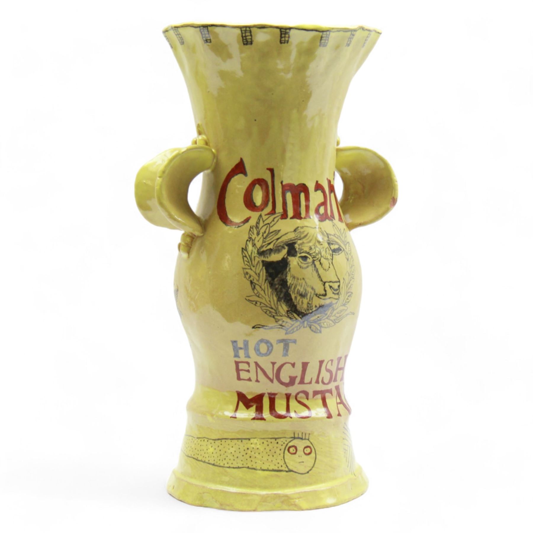 Hylton Nel (1941-) Studio pottery twin handled vase, 1997, the yellow ground decorated with Colman's English Mustard and Lions Matches, with stylised snake to the stepped base, with makers mark to the base HN.25 8.97, H36cm
