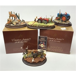 Four Country Artists figure groups comprising of limited edition The Railway Family by Paul Szeiler, model no 01738, 299/750, on wooden base with box, Job Done by Keith Sherwin, model no 02366, on wooden base with box, First Cut by Keith Sherwin, model no CA947, 99/850, on wooden base, The Last Furrow by Keith Sherwin, model no CA732 on wooden base. (4)