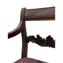 George III inlaid mahogany elbow desk chair, moulded bar back inlaid with checkered stringing over foliage scroll carved middle rail, down swept scrolled arms with boxwood stringing, upholstered in Moon tartan fabric, on turned front supports