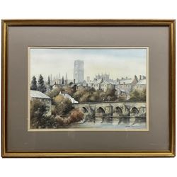 John Urwin (British 1939-): 'Durham from the Elvet', watercolour signed, dated '92 and titled verso 34cm x 49cm, together with Alan Paynes (Yorkshire Contemporary): 'Lakeland Farm - Near Ennerdale',  watercolour signed, titled verso 35cm x 47cm (2) 