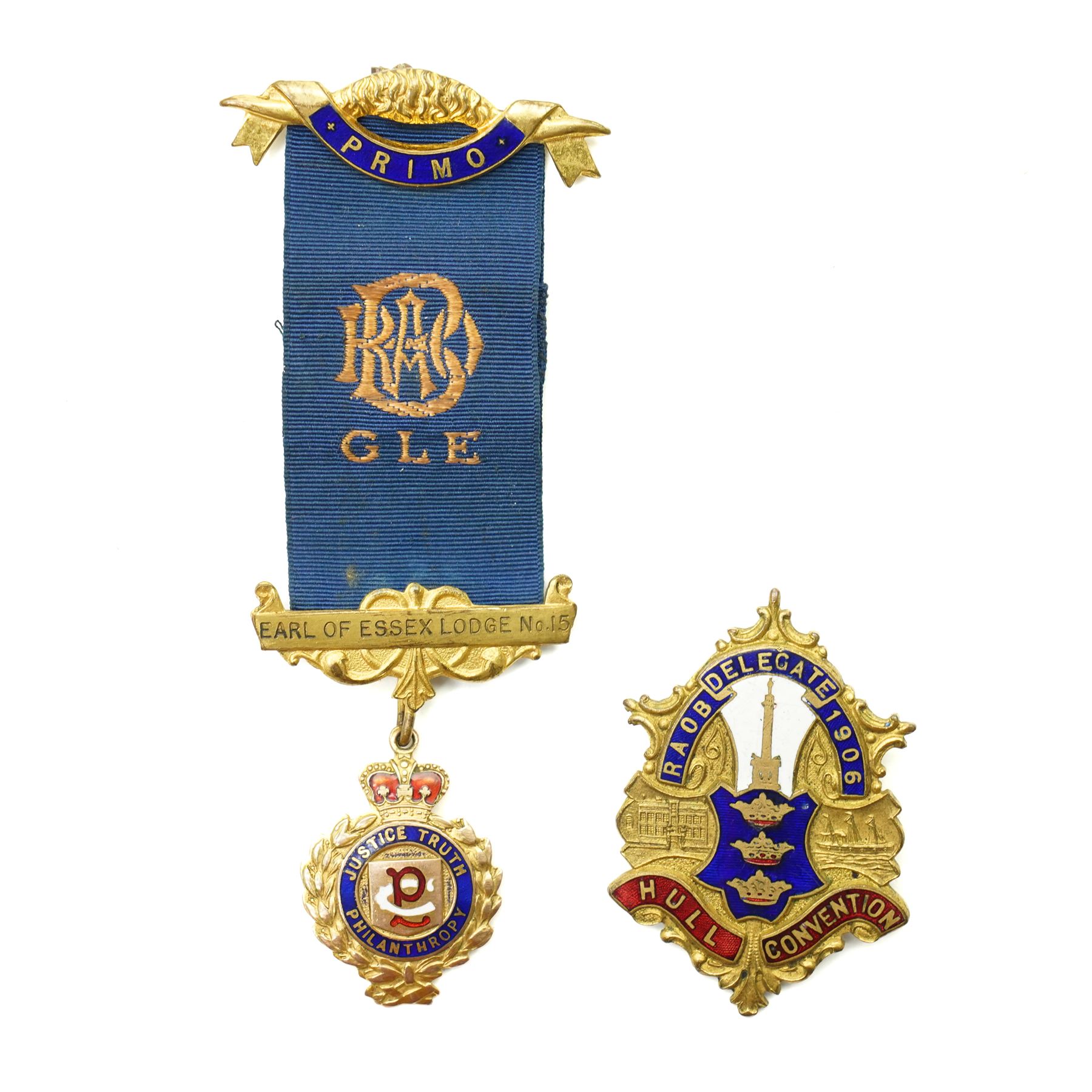 Early 20th century Royal Antediluvian Order of Buffaloes (RAOB) 9ct gold enamel jewel presented to Bro. W. Flood by the Earl of Essex Lodge and another in gilt metal and enamel marked Hull Convention 1906 (2)