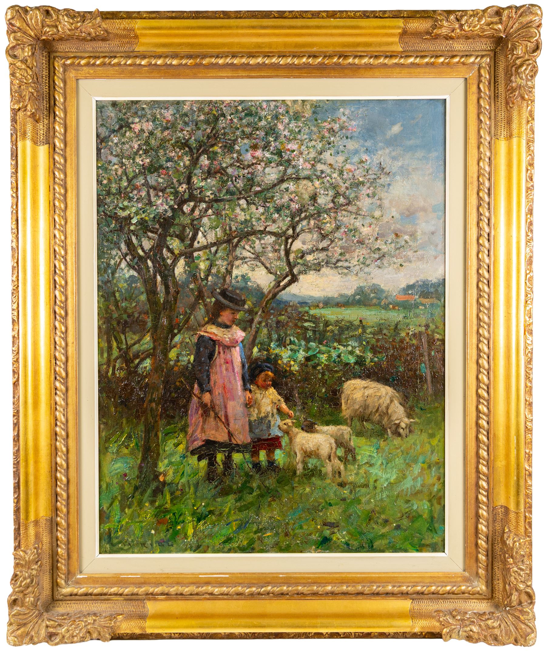 Ernest Higgins Rigg (Staithes Group 1868-1947): The Artist's Daughters Petting Spring Lambs, oil on canvas signed 71cm x 54cm
