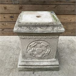 Cast stone garden pedestal with relief 'Yorkshire Rose' motif