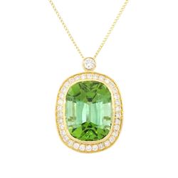 18ct gold green tourmaline and diamond pendant necklace, rectangular cushion cut tourmalin...