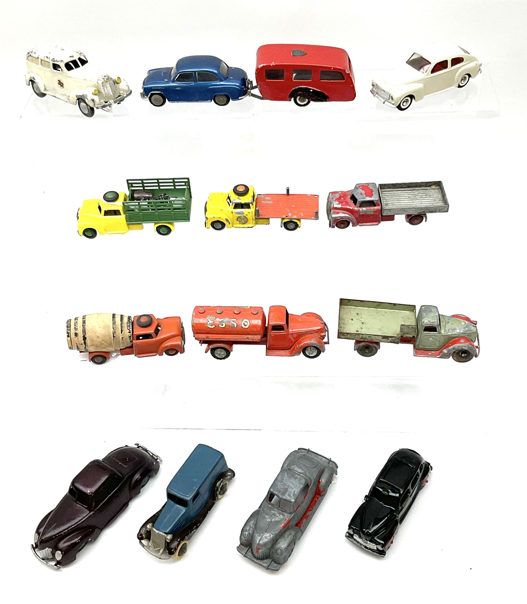 Various Scandinavian Makers - thirteen unboxed and playworn die-cast models comprising K.A. Birk & Co Copenhagen van; BT Denmark car; Stula Denmark car; six Tekno Denmark including Morris Oxford car and caravan, Esso Tanker, ambulance, open lorry, Volvo PV544 etc; three Vilmer Denmark trucks; and Minicar Norway timber lorry (13)