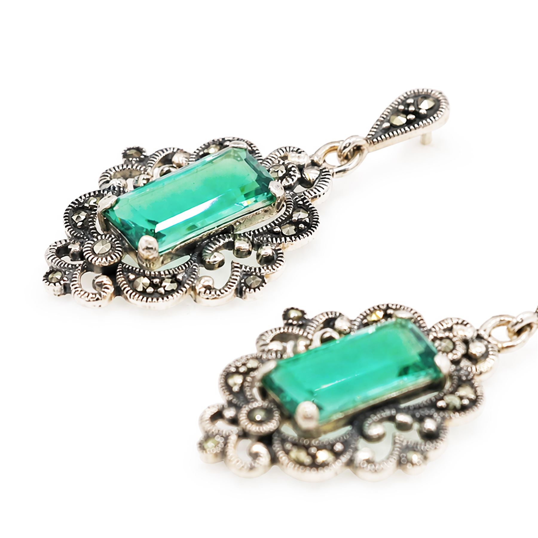 Pair of silver marcasite and green quartz pendant stud earrings