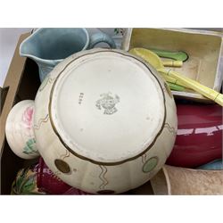 Two Beswick jugs decorated with palm trees, together with matching wall pockets, and similar ceramics, together with six Shelley dishes  