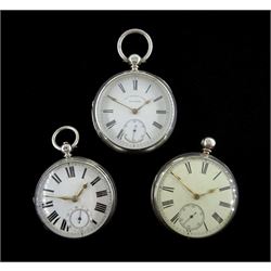 Victorian silver open face English lever fusee pocket watch by Thomas Russel & Son, Liverpool, No. 67496, engraved balance cock with diamond endstone, white enamel dial with Roman numerals and subsidiary seconds dial and two other similar Victorian silver pocket watches, one by M Michael, Edinburgh, all hallmarked (3) 