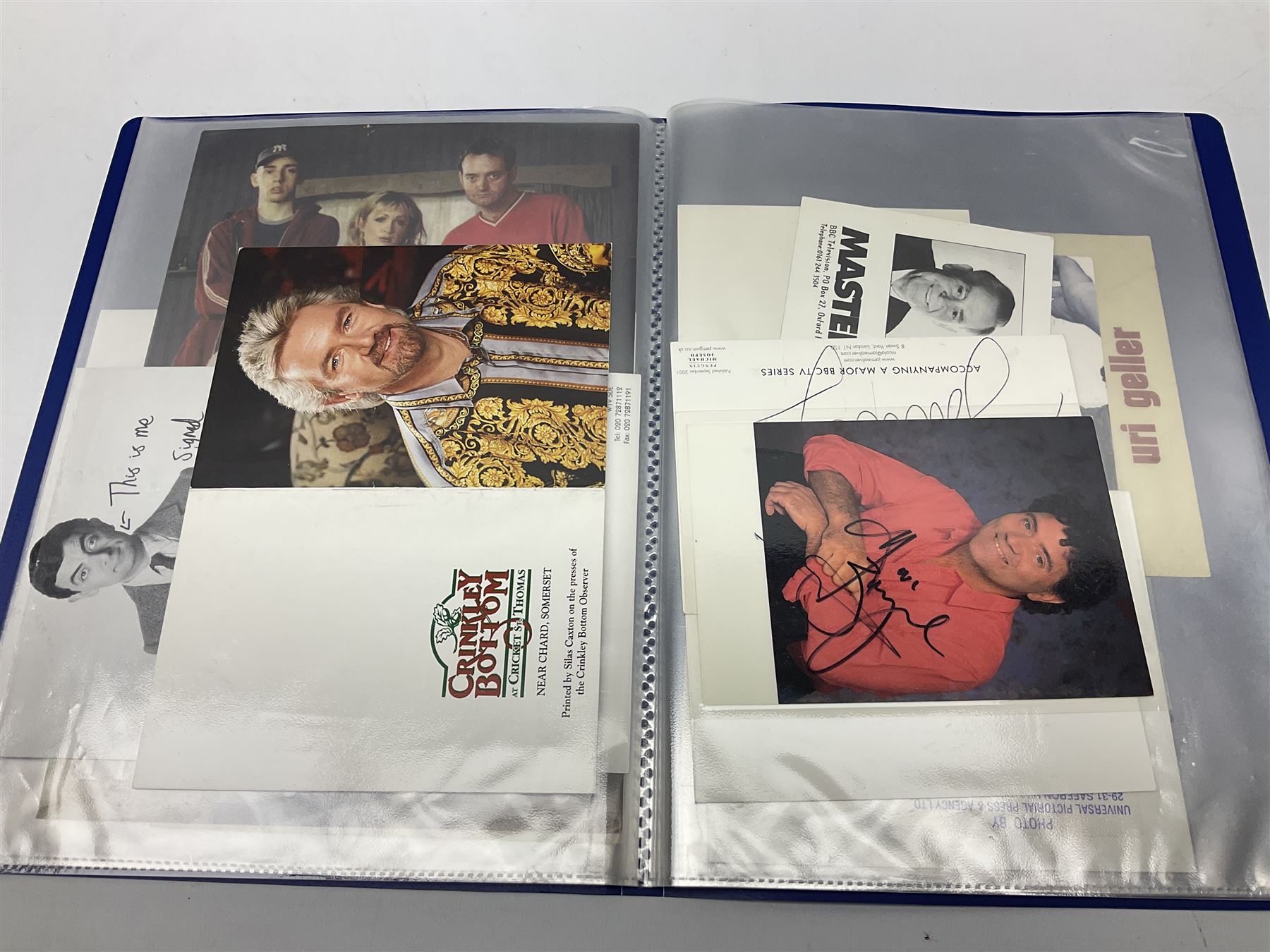 Two folders of over fifty photographs, cards, compliment slips etc of actors, actresses, celebrities, politicians, sports personalities etc, all bearing signatures, including David Frost, Lloyd Grosman, John Suchet, Julia Somerville and othe GMTV presenters, Carol Vorderman, Jackie Collins, Rolf Harris, Timothy Dalton, Pete Postlethwaite, Magnus magnusson, John Major, Kate Moss, Uri Geller, David Beckham, Peter Alliss, Sharon Davies, Kevin Keegan etc