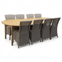 Neptune – Sheldrake limed oak extendable dining table and eight Havan loom chairs, the ova...