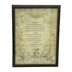 Early 19th century 'Friendship' silk work sampler, worked with poem within naturalistic floral borders, by Mary Wood aged 12, in glazed frame, H46cm W34.5c,
