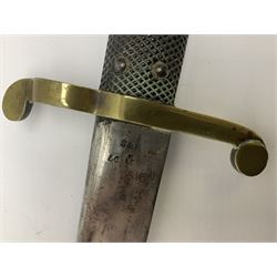 British 1855 pattern 'Sappers & Miners' Lancaster sword bayonet as issued to Medical Corps, the 62cm steel blade marked S&K with various numbers; in brass mounted leather scabbard numbered 1176