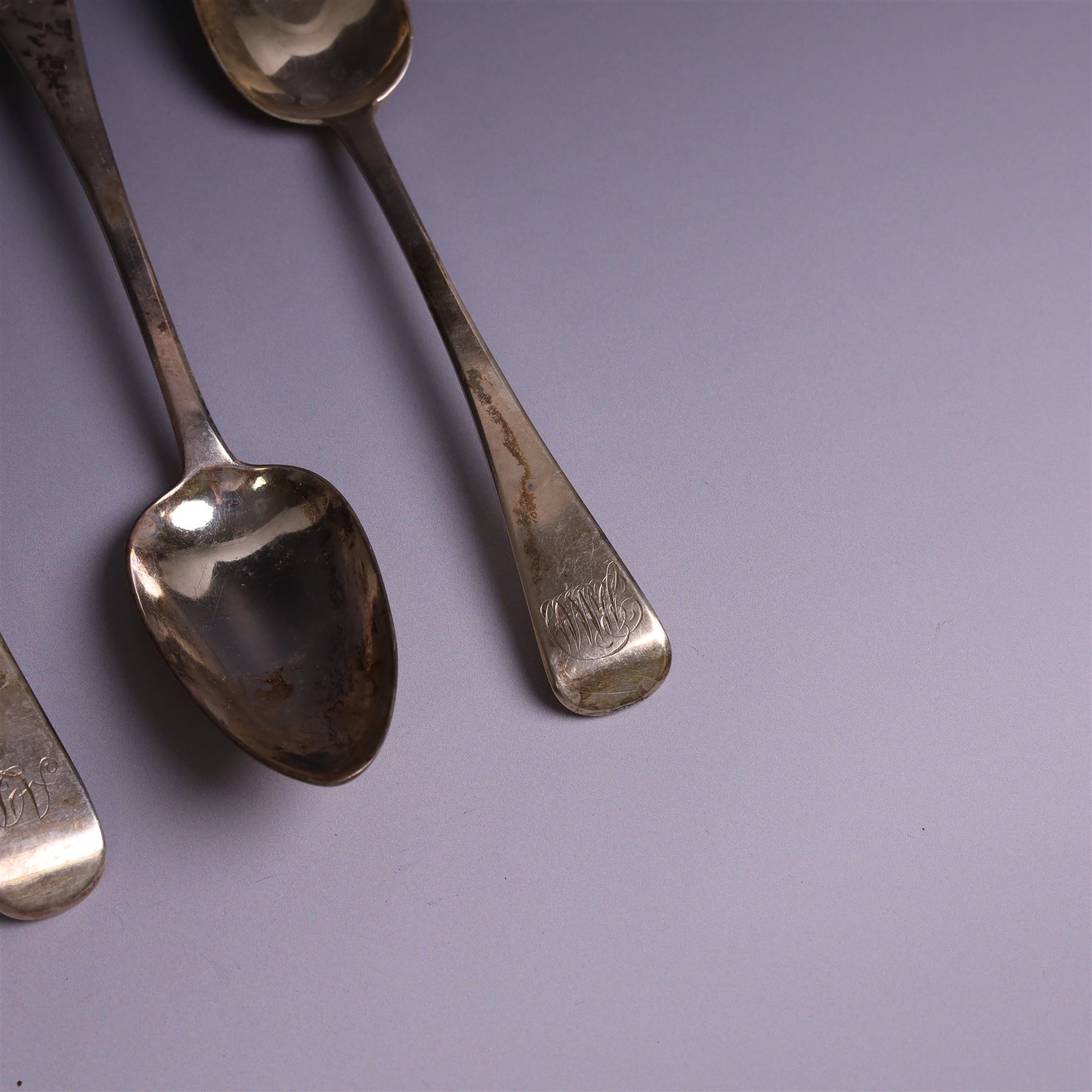 Three silver Old English pattern table spoons, including George III pair, and a set of six 1930s silver forks, all with engraved initials, all hallmarked