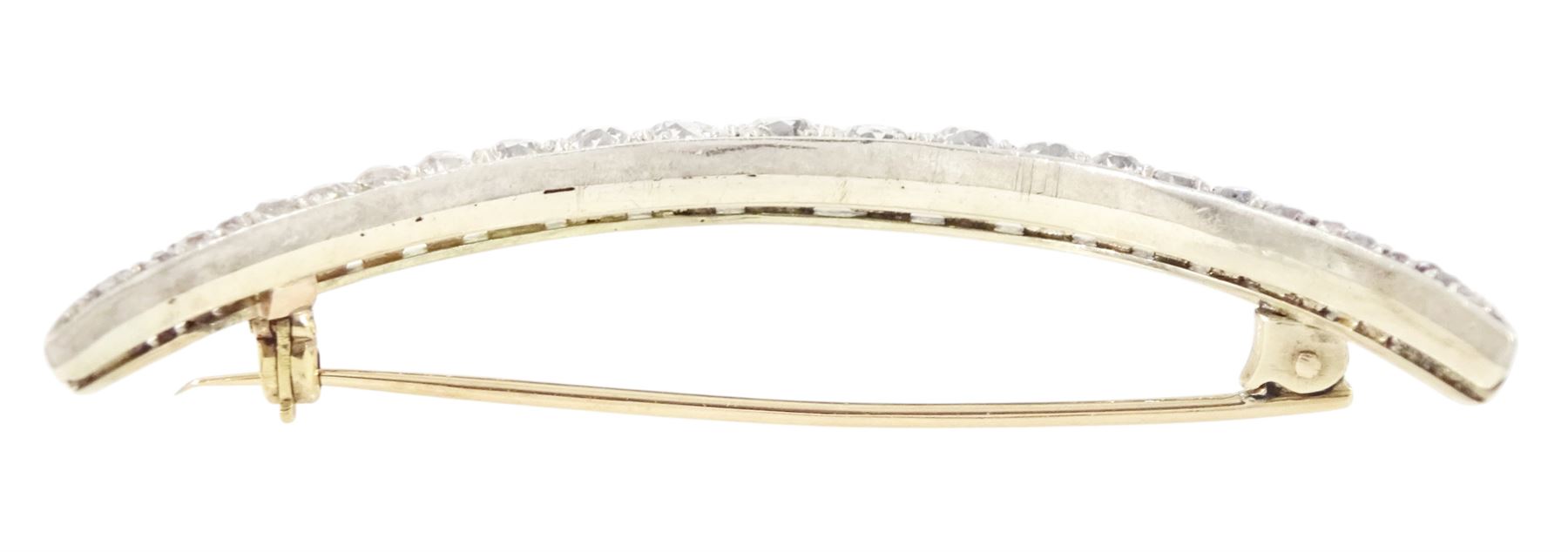 19th century silver and gold diamond crescent moon brooch, set with twenty-one graduating old cut diamonds and six rose cut diamonds, total diamond weight approx 2.00 carat
