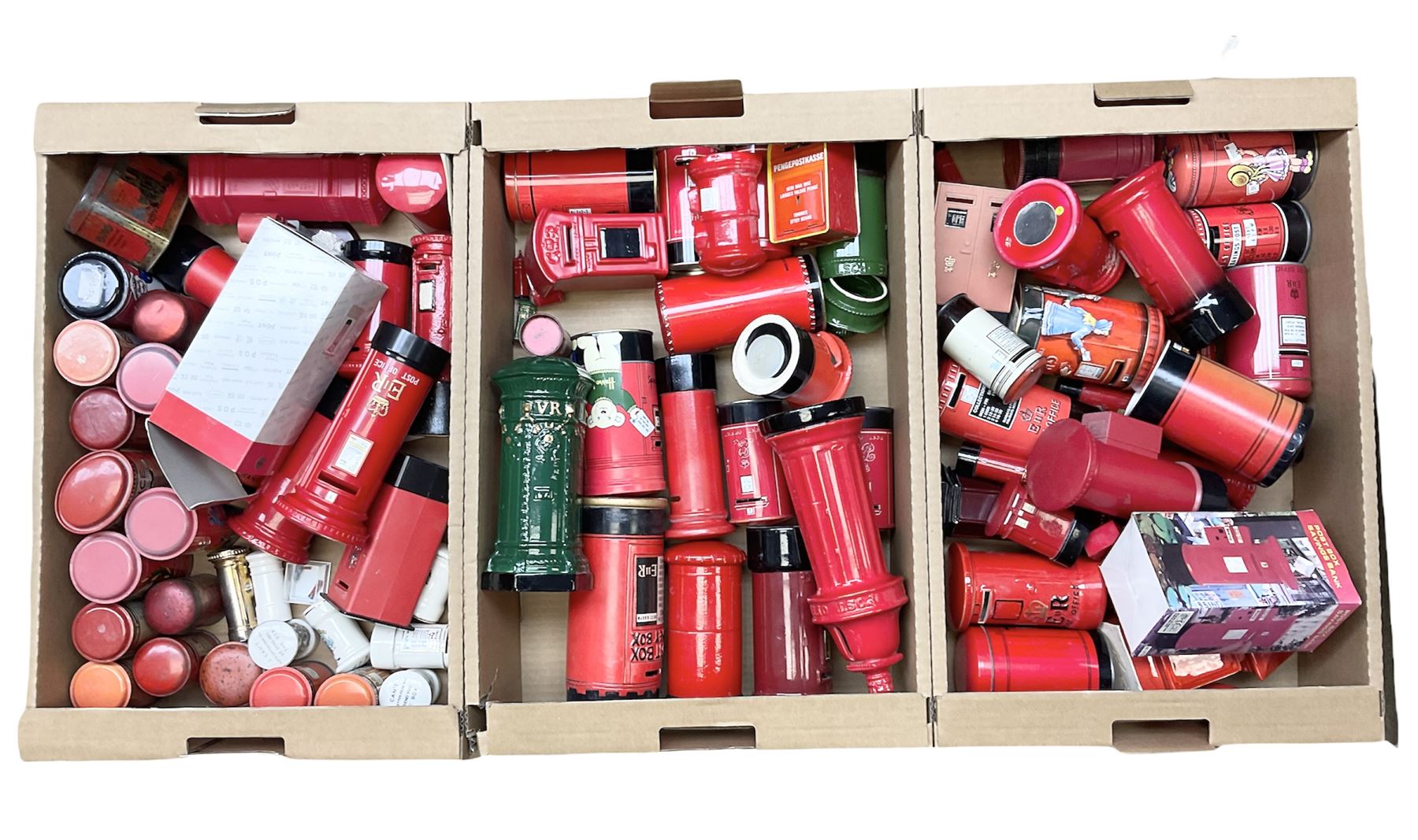 Collection of Post Box money boxes comprising ceramic, tin plate and plastic models, to include Crested Ware money boxes bearing motto ‘I Can’t Get a Letter From You So Send You The Box’ etc in three boxes