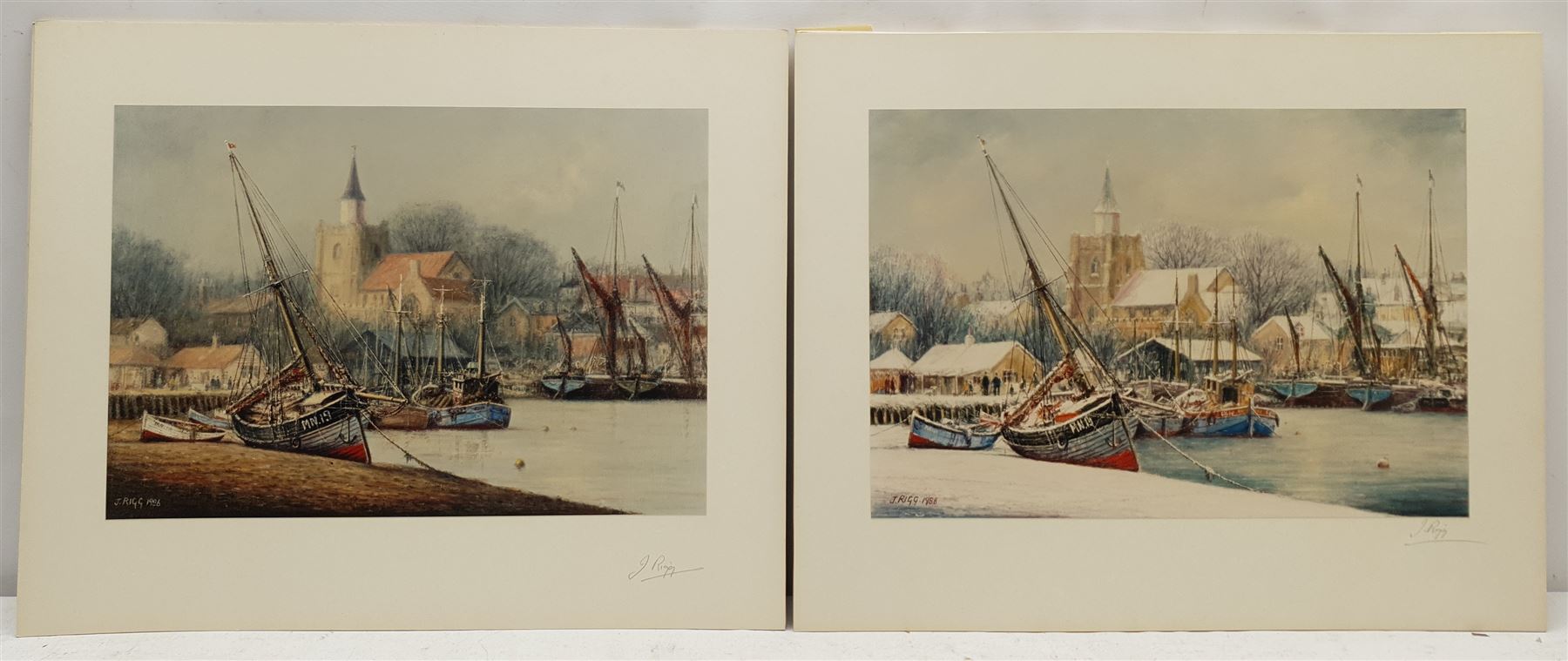 Jack Rigg (British 1927-): 'New Year's Day Blackwater Maldon Essex', six colour prints signed in pencil 28cm x 40cm (6) (unframed) 
Notes: Rigg initially painted this as a summer view in 1986, but was commissioned by the Royal National Mission to Deep Sea Fishermen in 1988 to paint a Christmas card design and so altered the picture to a snow scene. Two of these prints show the summer view, the other four the winter view.