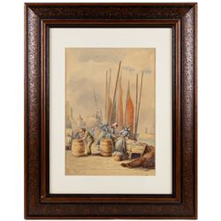 Thomas Swift Hutton (British 1860-1935): 'Tin Ghaut - Whitby', George Percy Bankart (British 1866-1929): ‘River Esk at Whitby’, Edith F Hillier (British 19th/20th Century): ‘The Market Place – Whitby'; together with other Whitby related watercolours variously signed and titled max 36.5cm x 26.5cm (6)