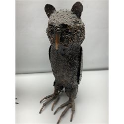 Three metalwork figures of bird, to include owl, a heron etc, largest H45cm
