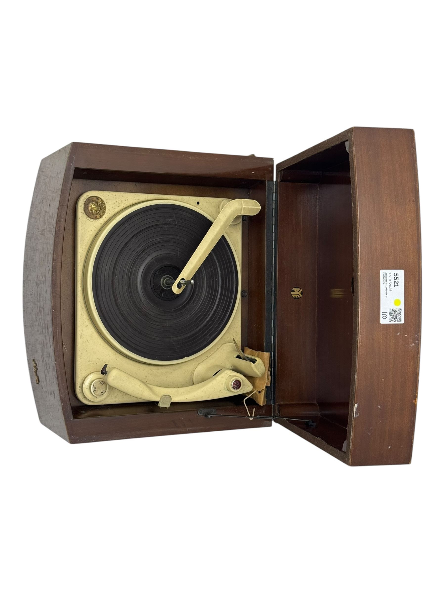 Mid-20th century Pye Hi-Fi record player, housed in a mahogany case, fitted with a BSR Monarch three-speed record changer mechanism