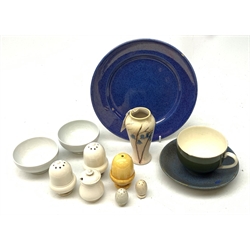 A Cobridge stoneware vase, designed by Anita Harris, together with a group of Moorcroft pottery, comprising a pair of small white glazed bowls, two white glazed acorn formed cruets, a small mustard, a pair of small egg cruets, a yellow glazed acorn salt, together with a teacup, saucer, and plate, all with impressed factory mark beneath. 