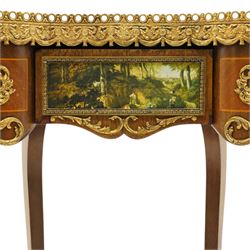 French Louis XV design inlaid kidney-shaped occasional table, the shaped pink marble top with pierced and raised gilt metal gallery edge of egg-and-dart design with swags, fitted with central drawer with a pastoral scene to facia, flanked by gilt metal mounts, raised on cabriole supports united by shaped undertier 