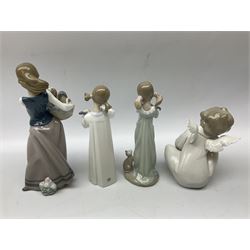 Four Lladro figures, comprising Girl with Puppies no. 1311, Angel Dreaming no.4961, Don't Forget Me no.5743 and Girl with Guitar no.4871