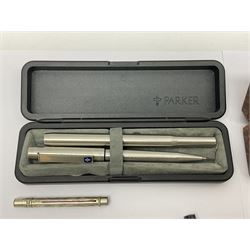 Collection of gold plated and silver plated propelling pencils/pens, including Fyne Point example, together with Waterman and Stephen's fountain pens and two Parker ballpoint pens