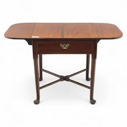 Early 20th century Georgian design mahogany drop leaf table, rectangular top with twin drop leaves above a single frieze drawer on sender tapered legs united by a cross-stretcher and terminating in pad feet  