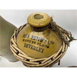 19th century stoneware gin bottle impressed I. Peck, Spirit Merchant Hull H27cm, Victorian salt glazed stoneware jar embossed W. Jefferson Mustard Manufacturer 47 Wincolmlee Hull, part cane covered stoneware flagon for John Smith Market Place Beverley and a Barton-on-Humber stoneware ginger beer bottle (4)  