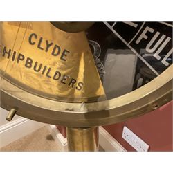 Ship's floor standing two-lever brass telegraph by Clyde Shipbuilders mounted on mahogany square base with side illumination box containing small oil burner H120cm