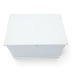 Victorian white painted pine blanket chest, with iron strap hinges, with fitted candle box, metal carrying handles