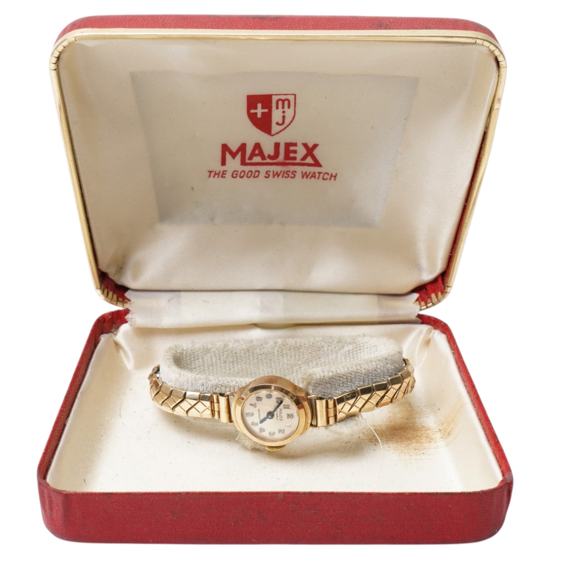 Majex gold ladies manual wind wristwatch, on rolled gold expanding strap bracelet, boxed