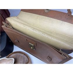 Brass oil lamp, with etched floral glass shade, leather Gladstone style doctors bag, leather satchel and vintage vanity case, three graduating wooden giraffes and other wood and metal ware, lamp H54cm