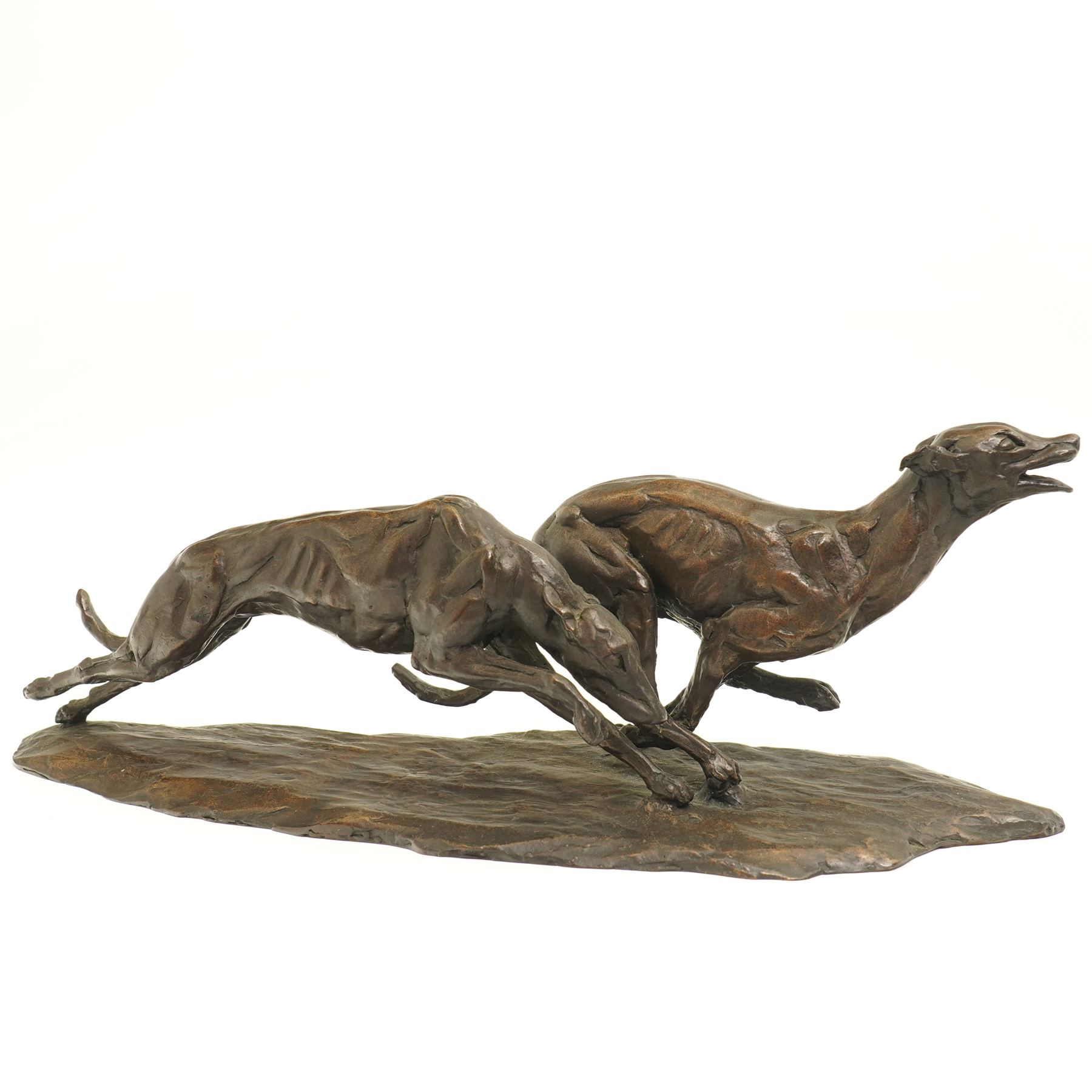 Tessa Pullan (British 1953-): 'Racing Greyhounds', patinated bronze figure, incised with monogram 'TP' and numbered 5/9, with Livingstone Art Founders stamp, W52cm