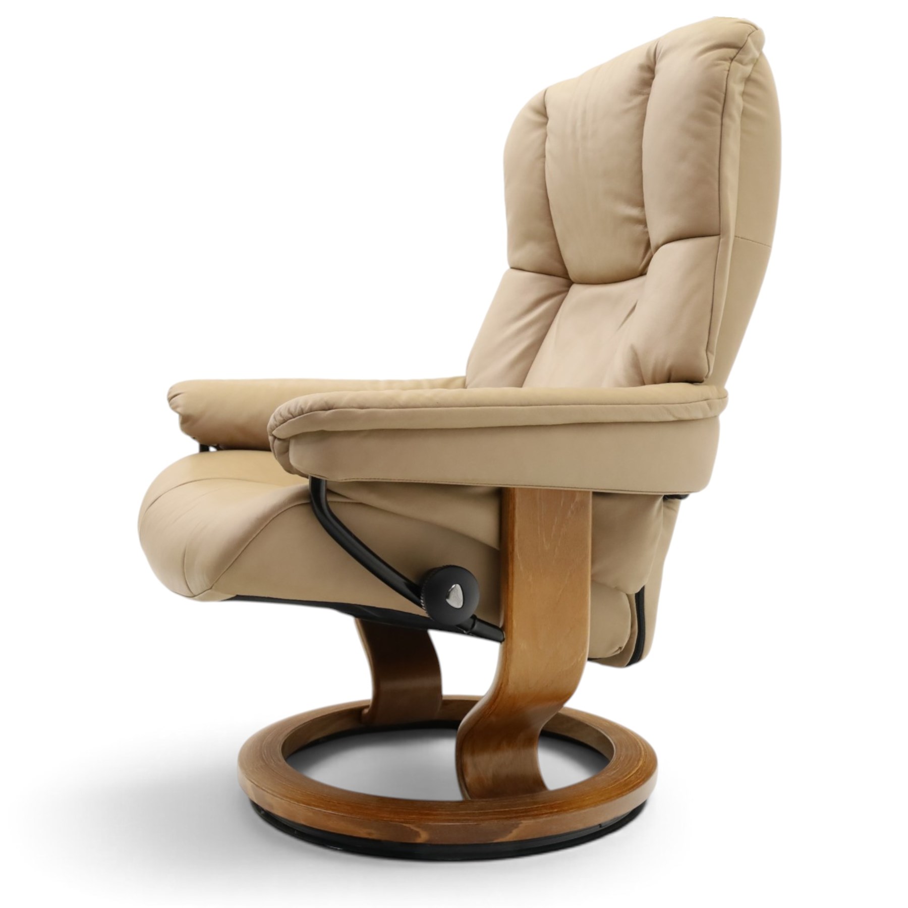 Ekornes Stressless - beech framed reclining swivel armchair with matching footstool, on U-shaped supports with circular bases, upholstered in beige leather