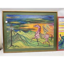 Dot Needham (British 20th century): 'Metamorphosis' 'Flight' 'After the Deluge' 'Sea Change' and Alien Pegasus with a Fiery Sky, set five pastels signed 84cm x 59cm (5)