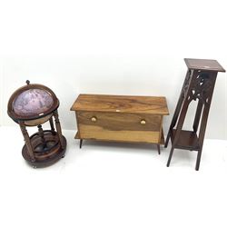 Hardwood lowline cabinet, single fall front, turned supports (W107cm, H60cm, D39cm) a plant stand and globe (3)