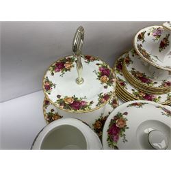 Royal Albert Old Country Roses pattern part tea and dinner service, including coffee pot, miniature teapot and stand, eight dinner plates, cake stand, sauce boat etc 