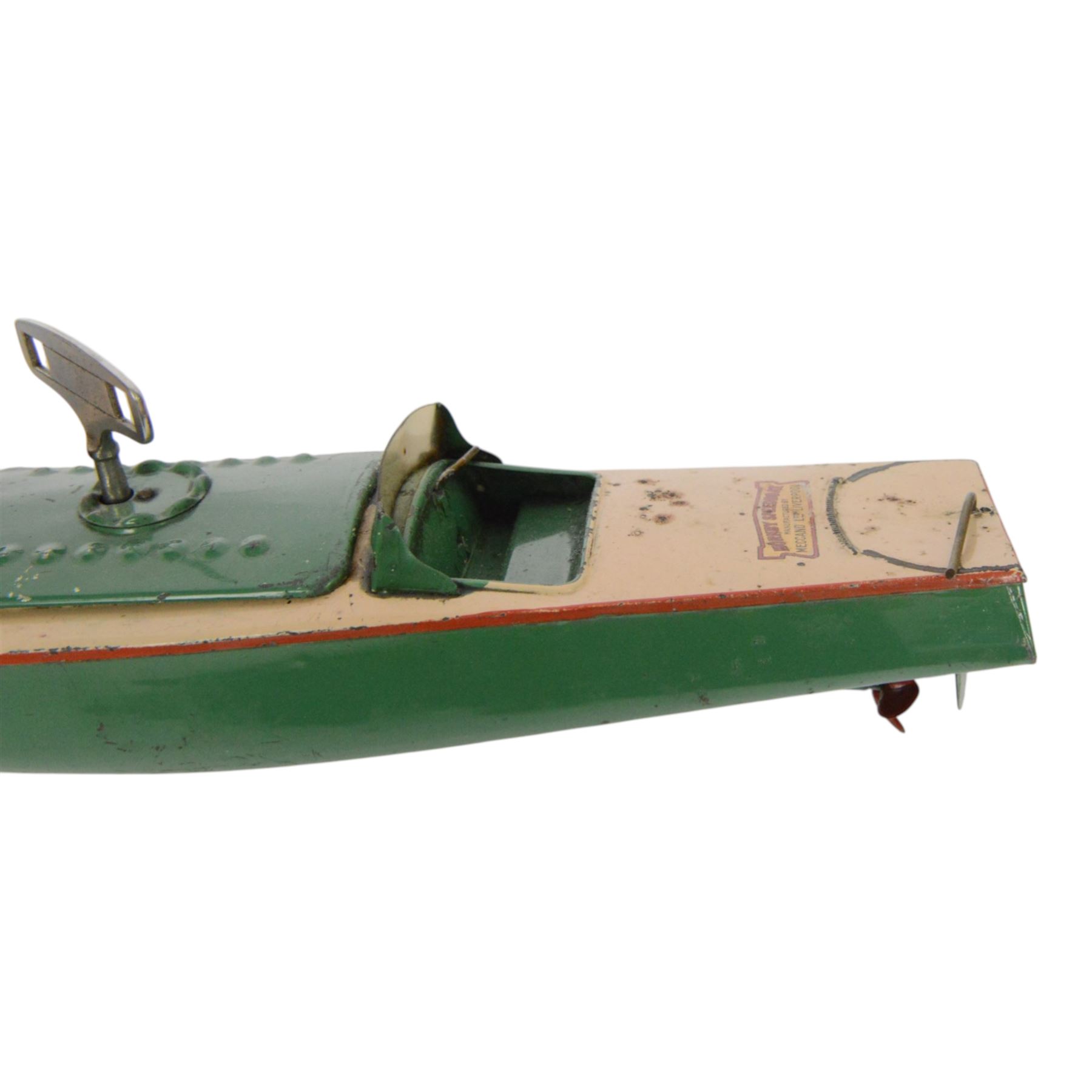 Two tinplate clockwork speedboats, comprising Meccano Hornby Speedboat no. 3 'Curlew', with key and Sutcliffe 'Racer 1'