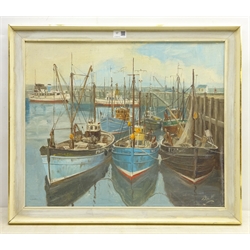  Don Micklethwaite (British 1936-): Fishing Boats and the Regal Lady in Scarborough Harbour, oil on canvas board signed 50cm x 60cm   DDS - Artist's resale rights may apply to this lot    