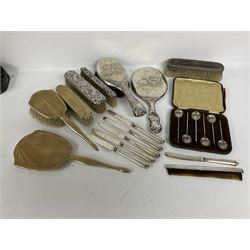1930's silver mounted guilloche enamel three piece dressing table set, hallmarked Adie Brothers Ltd, Birmingham 1935, Victorian silver mounted hand mirror and hair brush, each with repousse putti masks, hallmarked Henry Matthews, Birmingham 1898, set of six 1920's silver coffee bean spoons, in fitted case, Birmingham 1924 and a set of five silver handled butter knives, Sheffield 1926 etc