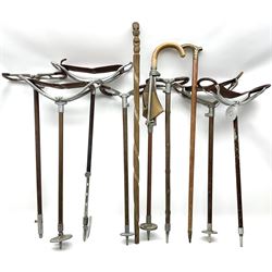 Adjustable Gamebird shooting stick, together with Mills Munitions shooting stick, Featherwate shooting stick, five others and two wooden walking sticks.  