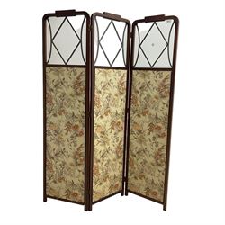 Edwardian inlaid mahogany three-fold screen, the cresting rail carved with linen garland over glazed panel and floral upholstered panel 