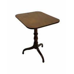 George III mahogany tripod table, rectangular tilt top with rounded corners, turned column on three splayed supports