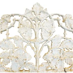Coalbrookdale design - early 20th century cast iron oak leaf and acorn bench, white painted cast iron frame with slatted wooden seat, the pierced and shaped back decorated with scrolling oak branches and leafage, flanked by dog mask arm terminals over cabriole supports with paw feet 