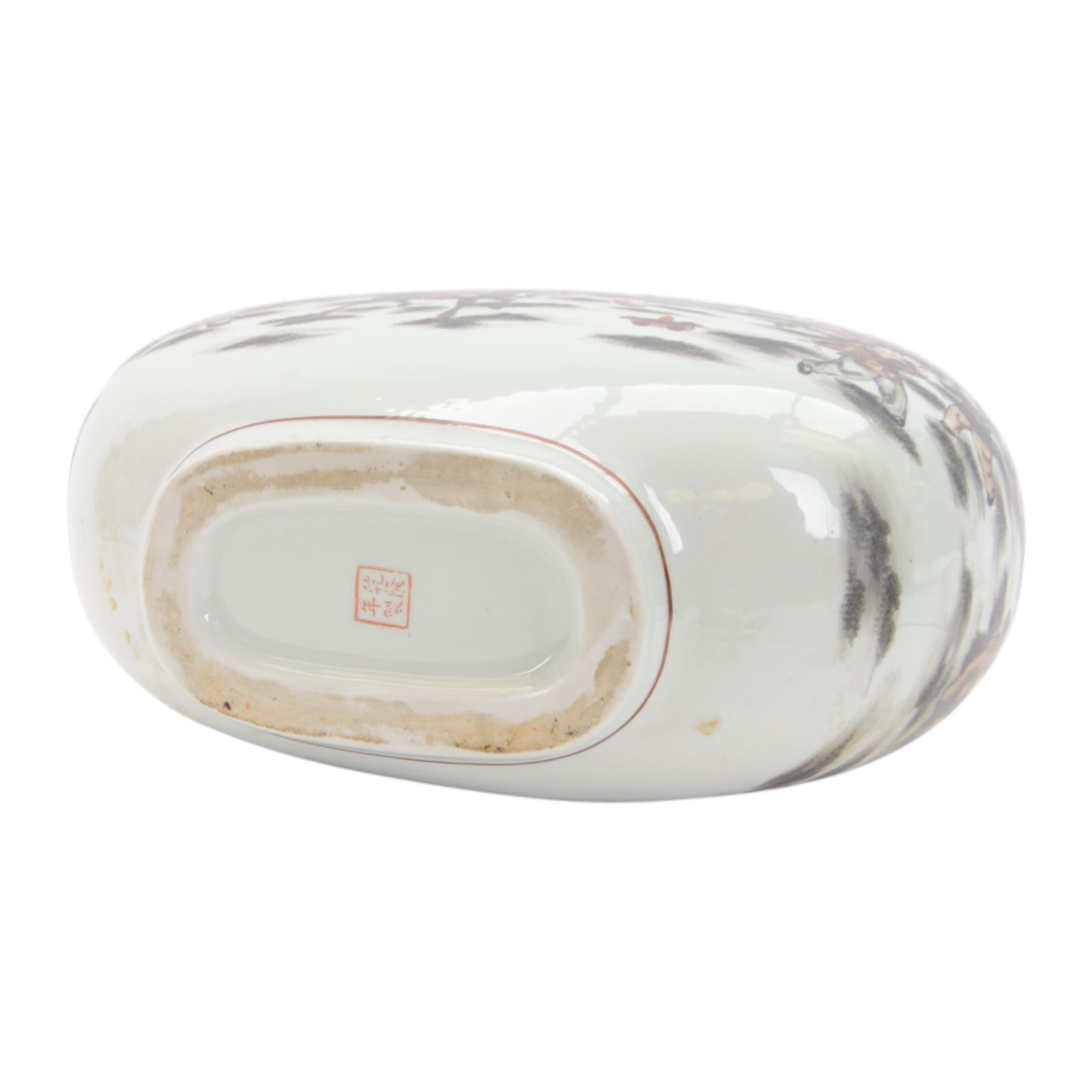 Chinese Republic period porcelain moon flask vase, of typical compressed spherical form, the neck and shoulders with applied iron red dragon handles, the body decorated in iron-red and grisaille with a 'one hundred children' design, depicting various children at play and engaged in musical pursuits within a garden setting, with apocryphal Qianlong mark beneath, H47cm